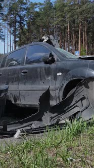 Vertical Video of Destroyed and Shot Cars in the City of Irpin Ukraine  the Consequences of the War