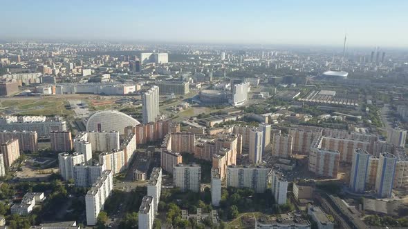 Moscow City Aerial View. Drone Shot of Residential Quarters of Moscow City. Sunny Day Moscow