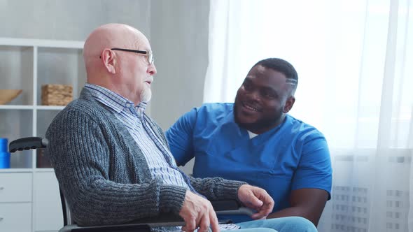 African-American caregiver and old disabled man in a wheelchair. Nurse and handicapped patient.