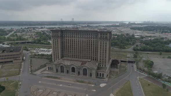 This video is an aerial view of the Old Train Station in Detroit, Michigan. The Michigan Central Tra