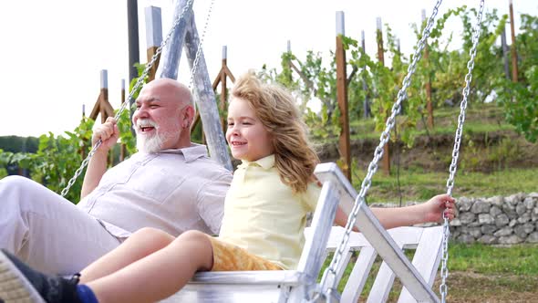 Excited Boy Kid and Grandad Happy Shout Swinging Together in Backyard Amusement