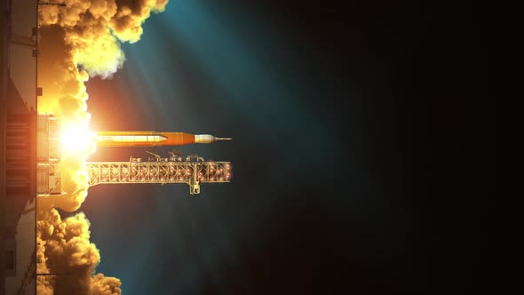 Vertical video of night launch of big heavy rocket alt