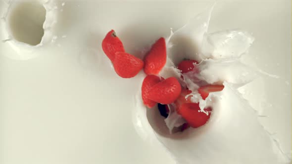 Super Slow Motion Pieces of Strawberries Fall Into the Milk