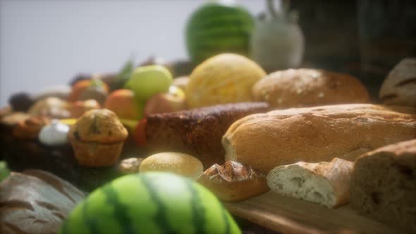 Food Table with Wine Barrels and Some Fruits, Vegetables and Bread alt