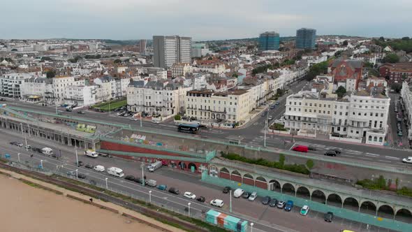 Aerial footage of the Brighton and Hove town centre showing hotels in the UK