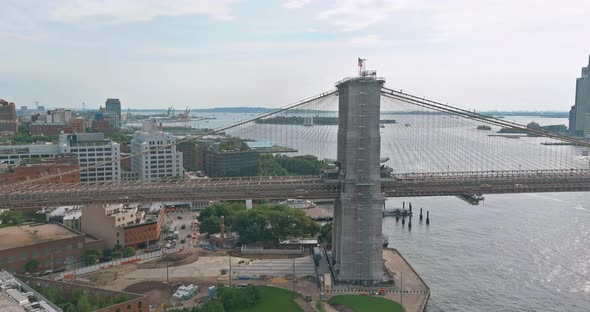 Panorama Aerial Views of Brooklyn Bridge Near Downtown Brooklyn Skyline Views in New York City