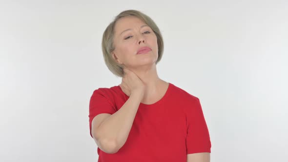 Old Woman with Neck Pain on White Background
