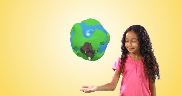 Girl pretending to hold a globe 4k