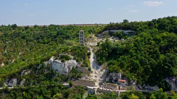 Aerial view of rock structure is monastery built