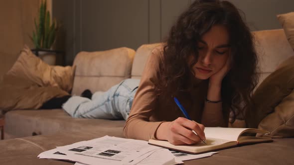 Portrait of Young Woman Freelancer Falling Asleep While Does Distance Job at Home Studies Literature
