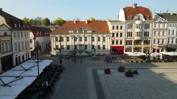 Public Library In Bydgoszcz Old Market Square With Fontanna Studzienka. Aerial Drone Shot