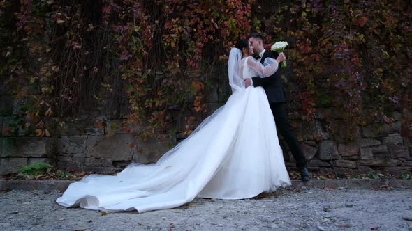 Happy Romantic Newlyweds Hugging in the Autumn Openair Park