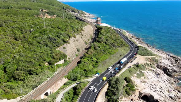 Amazing Aerial View of Tuscany Coastline in Calafuria Area Italy