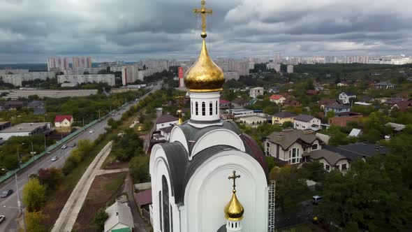 Kharkiv city cathedral aerial. Scenic cityscape