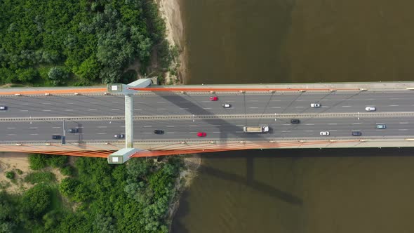 Aerial bridge landscape. Aerial road bridge. Highway road above river