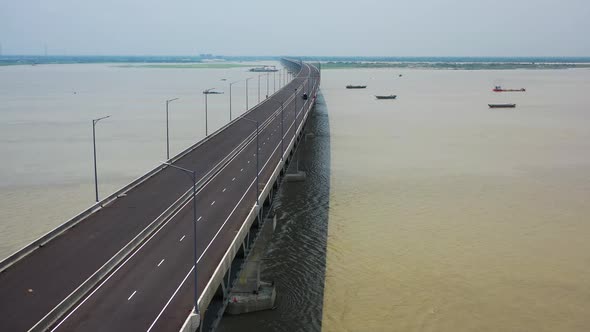 Aerial view of Padma bridge, over the Padma river by day, Dhaka, Bangladesh.