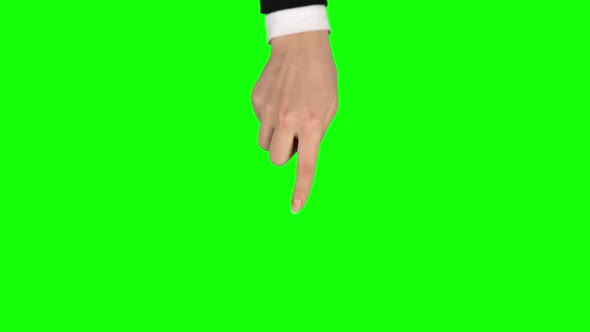 Female Hand in Black Jacket and White Shirt Is Performing Rotate at Tablet Screen Gesture. Chroma