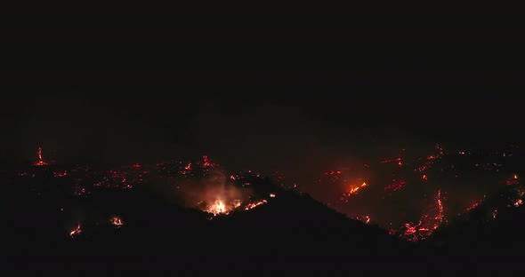 Wild Fire on Late Night in the Dark.  Smoke Causes Pollution, Climate Change