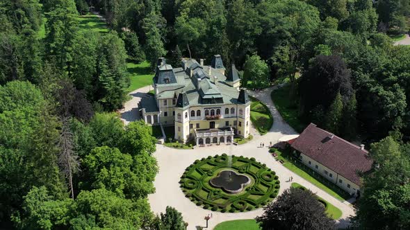 Aerial view of the beautiful Betliar manor house in the village of Betliar in Slovakia