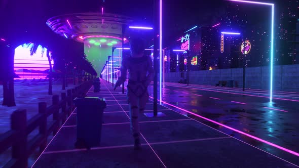 Astronaut Running in Neon City in Cyberpunk Style
