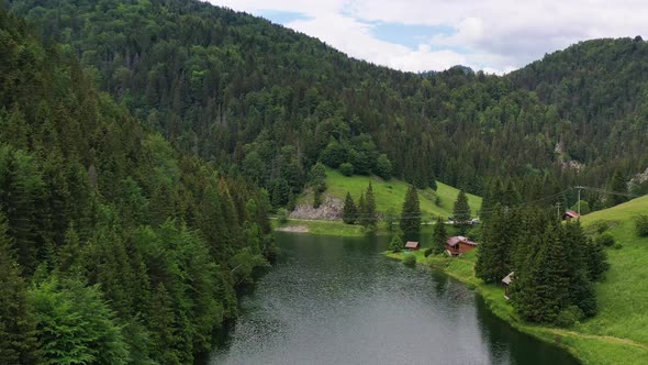 Aerial view of the Palcmanska masa water reservoir in the village of Dedinky in Slovakia