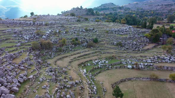 Aerial View of Picturesque Mountain Valley with Rock Formations