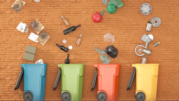 Timelapse with garbage falling to colorful trash bins next to the brick wall.