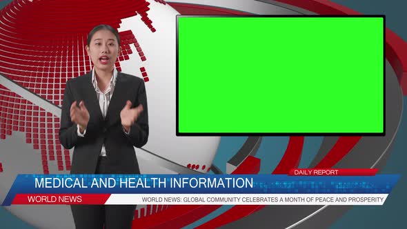 Live News Studio With Asian Professional Female Anchor And Green Screen Television Reporting