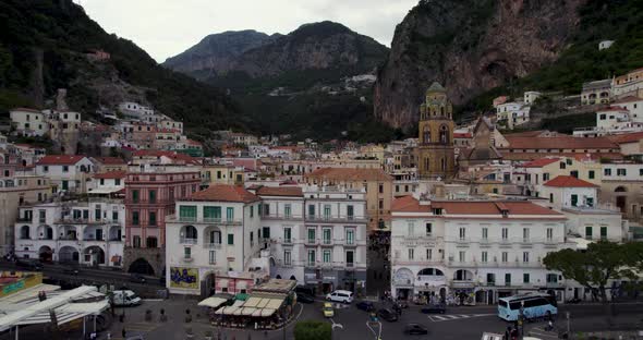 European Buildings of Touristic Town of Amalfi on Italy Coast - Aerial