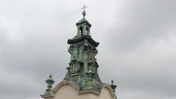 Aerial Drone View Footage of Latin Cathedral Church Dome in City Lviv Ukraine Cloudy Sky Background