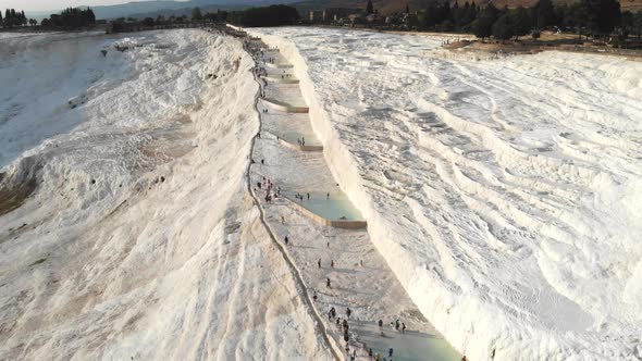 Visitors and Tourist People Walks Pamukkale's Calcium Carbonate Travertines