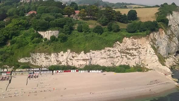 Beer beach, Devon, United Kingdom. Aerial/Drone footage. STATIC CROP.