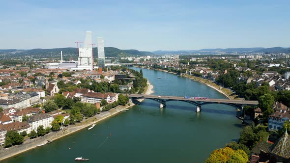 Panoramic View Over the City of Basel in Switzerland and River Rhine
