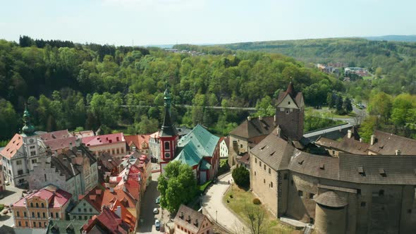 Flight Over Loket Castle Small Czech Town and River Ohre Near Karlovy Vary Czech Republic