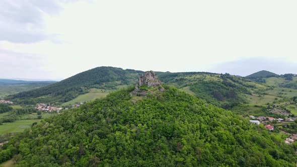 Aerial views of the castle ruins in the village Hajnacka in Slovakia