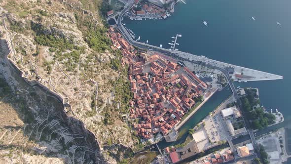 Aerial view of Kotor old town, Montenegro, the coast of Kotor Bay, Adriatic sea