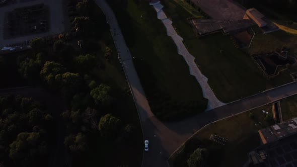 Aerial View of National flag of Ukraine and panorama of historical center of Kyiv