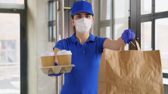 Delivery Woman in Face Mask with Food and Drinks
