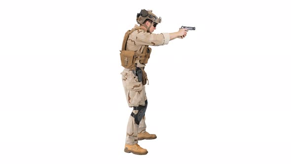 Soldier Aiming and Shooting with a Pistol on White Background