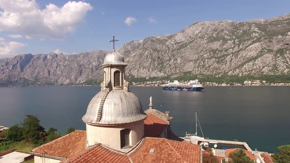 View From the Roof of the Church in Prcanj to the Bay and the Huge Cruise Ship