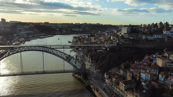 Old City View with Metal Ponte Luis Bridge Over Douro River