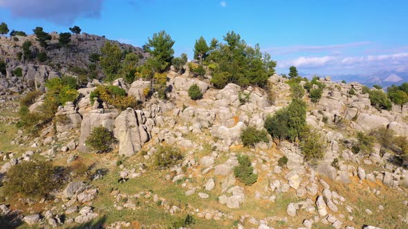 Scenic Mountains Landscape with Rock Formations and Green Trees on the Background of Blue Sky