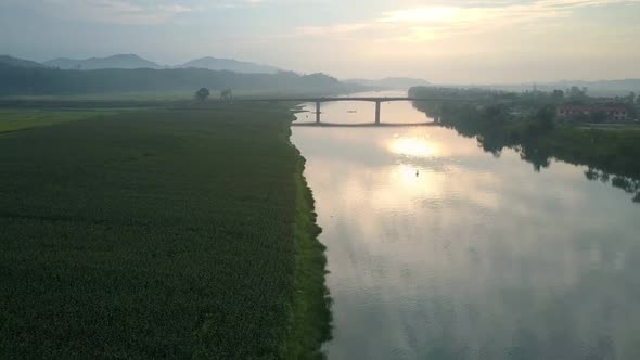 Amazing Panorama of Fields and River in Summer Evening