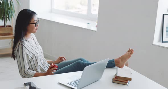 A Woman Freelancer Works at Home Using a Laptop