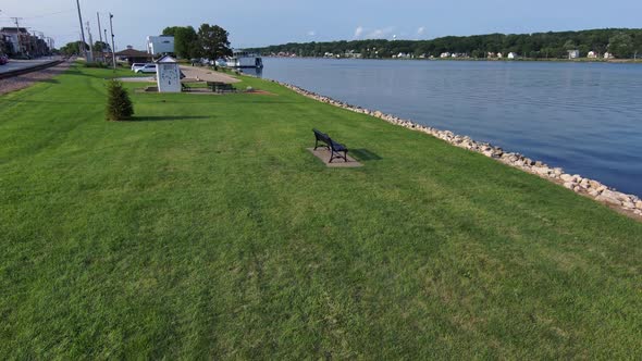 A drone drop down on a park bench overlooking the mighty Mississippi river.