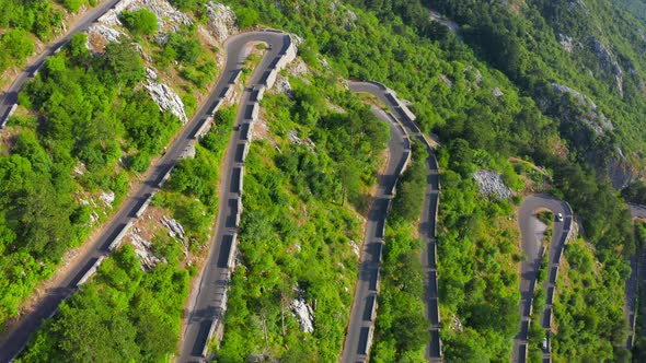 Aerial Top View on the Old Road Serpentine in the National Park Lovcen Montenegro
