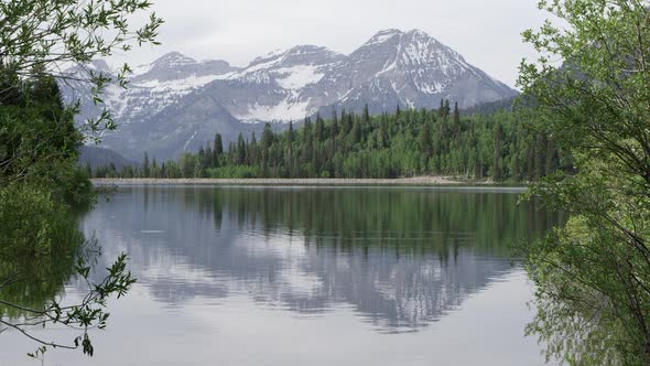Static view of mountain reflecting in lake.