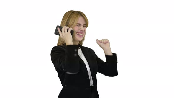 Happy Business Woman Enjoy Success on Mobile Phone on White Background