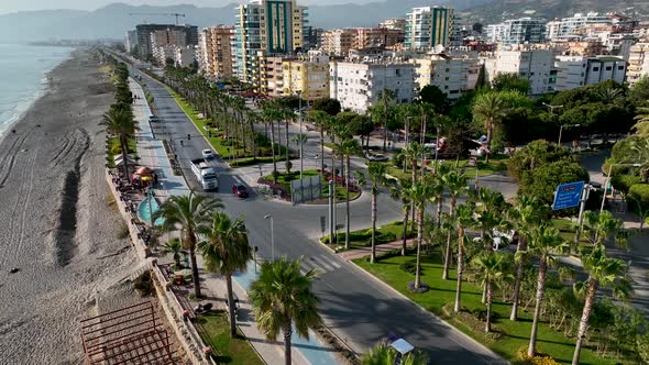 Traffic on the Beach aerial view 4 K Turkey Alanya