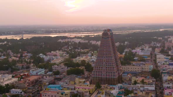 South India "Gopuram" at Srirangam Trichi, India, 4k aerial 